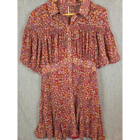 Free People L Bonnie Dark Pink Floral Mini Dress Empire Waist Boho‎ Prairie NEW - Picture 2 of 16